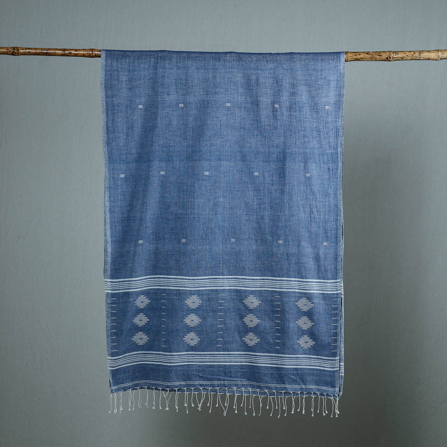 Blue - Burdwan Jamdani Cotton Handloom Stole with Tassels 37