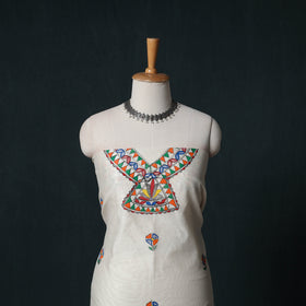 White - Madhubani Handpainted Chanderi Silk 2pc Unstitched Dress Material Kurta Set 14