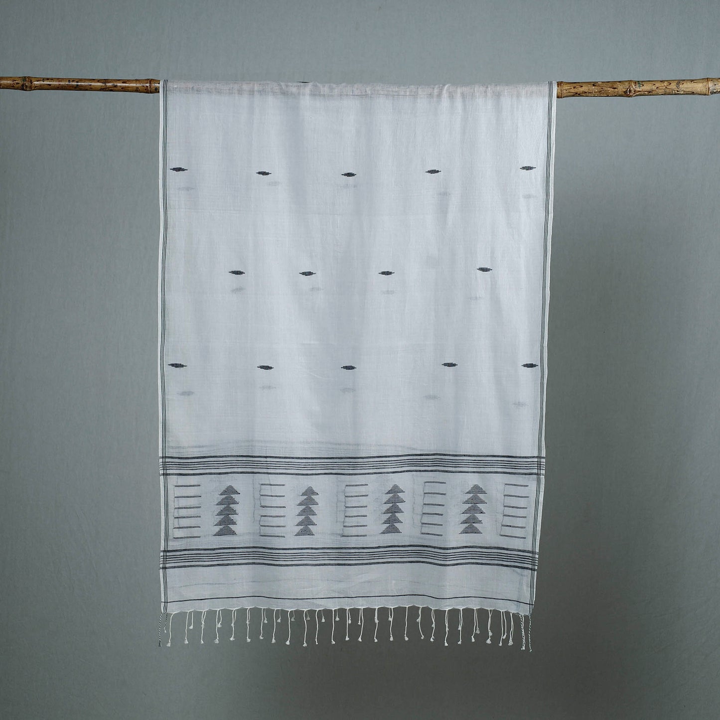 Grey - Burdwan Jamdani Cotton Handloom Stole with Tassels 35