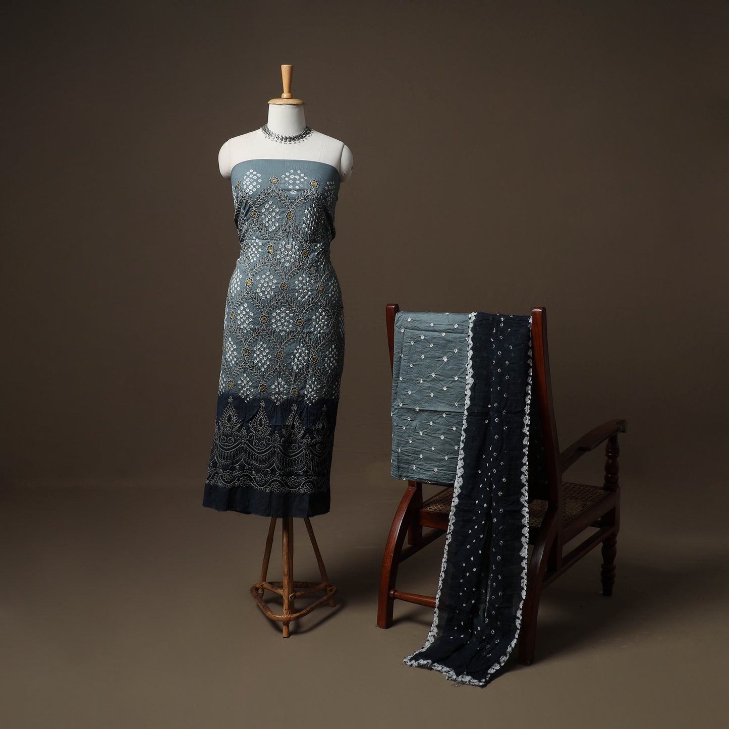 Kutch Bandhani Sequin Work Satin Cotton Unstitched Dress Material: Kurta, Bottom & Dupatta 14