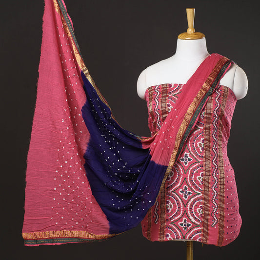 Pink - 3pc Kutch Bandhani Tie-Dye Sequin Work Satin Cotton Suit Material Set