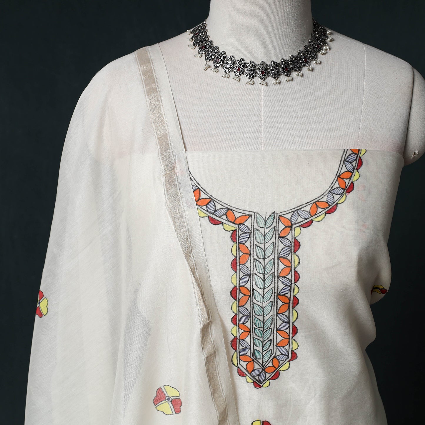 White - Madhubani Handpainted Chanderi Silk 2pc Unstitched Dress Material Kurta Set 16