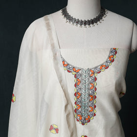White - Madhubani Handpainted Chanderi Silk 2pc Unstitched Dress Material Kurta Set 16