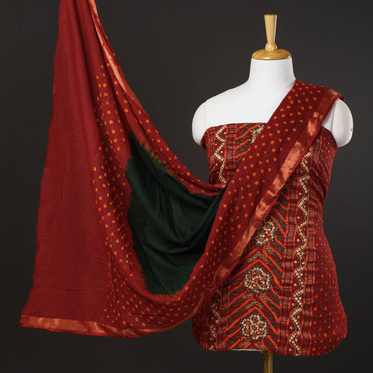 Red - 3pc Kutch Bandhani Tie-Dye Sequin Work Satin Cotton Suit Material Set