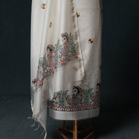 White - Madhubani Handpainted Chanderi Silk 2pc Unstitched Dress Material Kurta Set 16