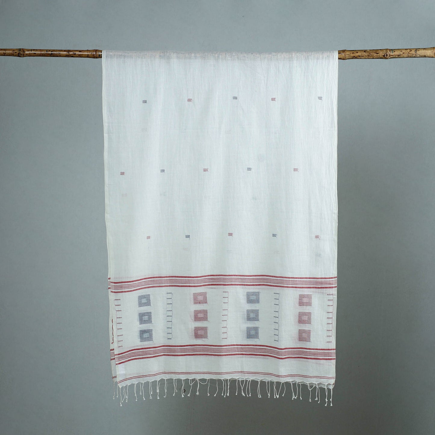 White - Burdwan Jamdani Cotton Handloom Stole with Tassels 29