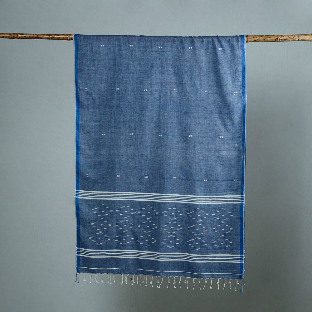 Blue - Burdwan Jamdani Cotton Handloom Stole with Tassels 28