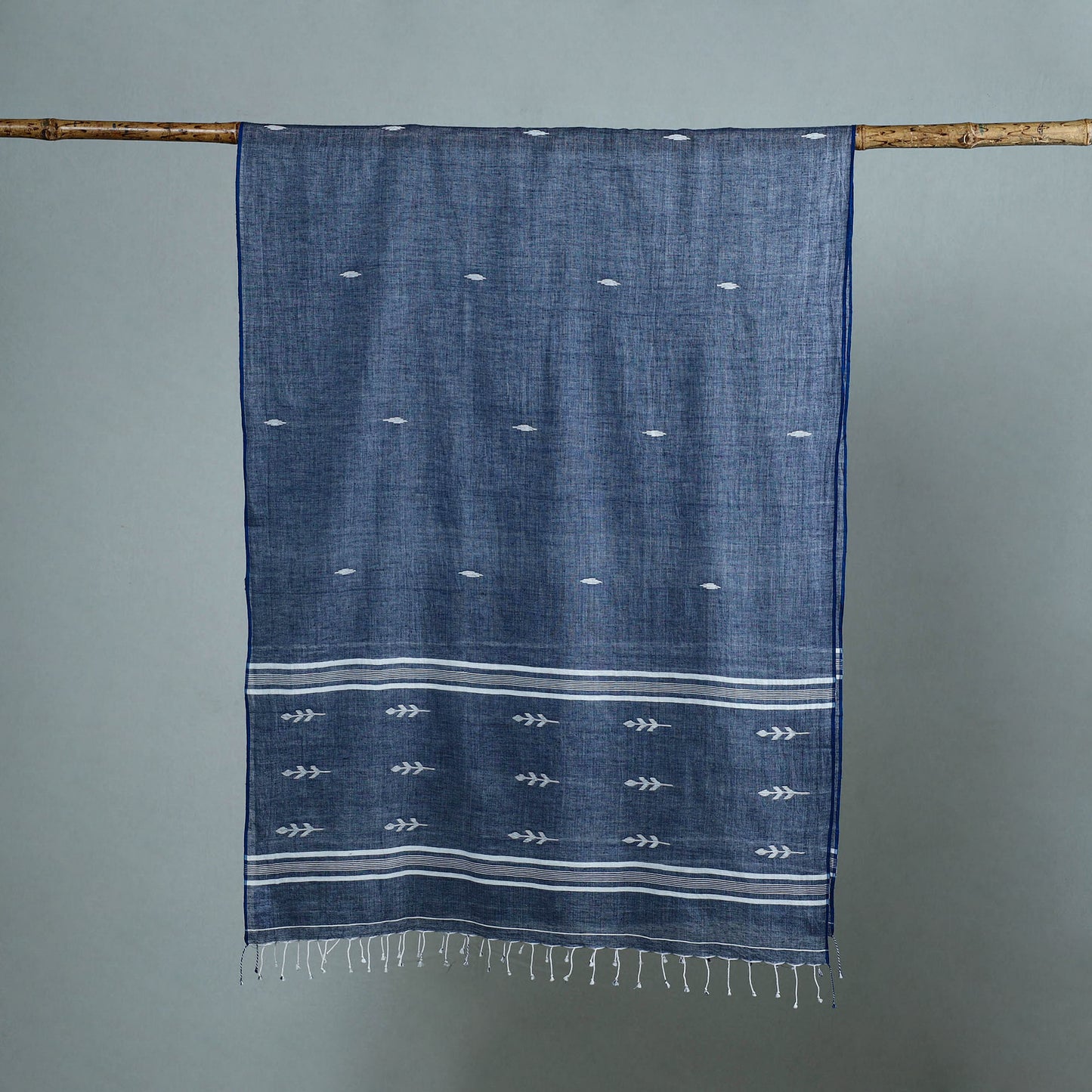 Blue - Burdwan Jamdani Cotton Handloom Stole with Tassels 27