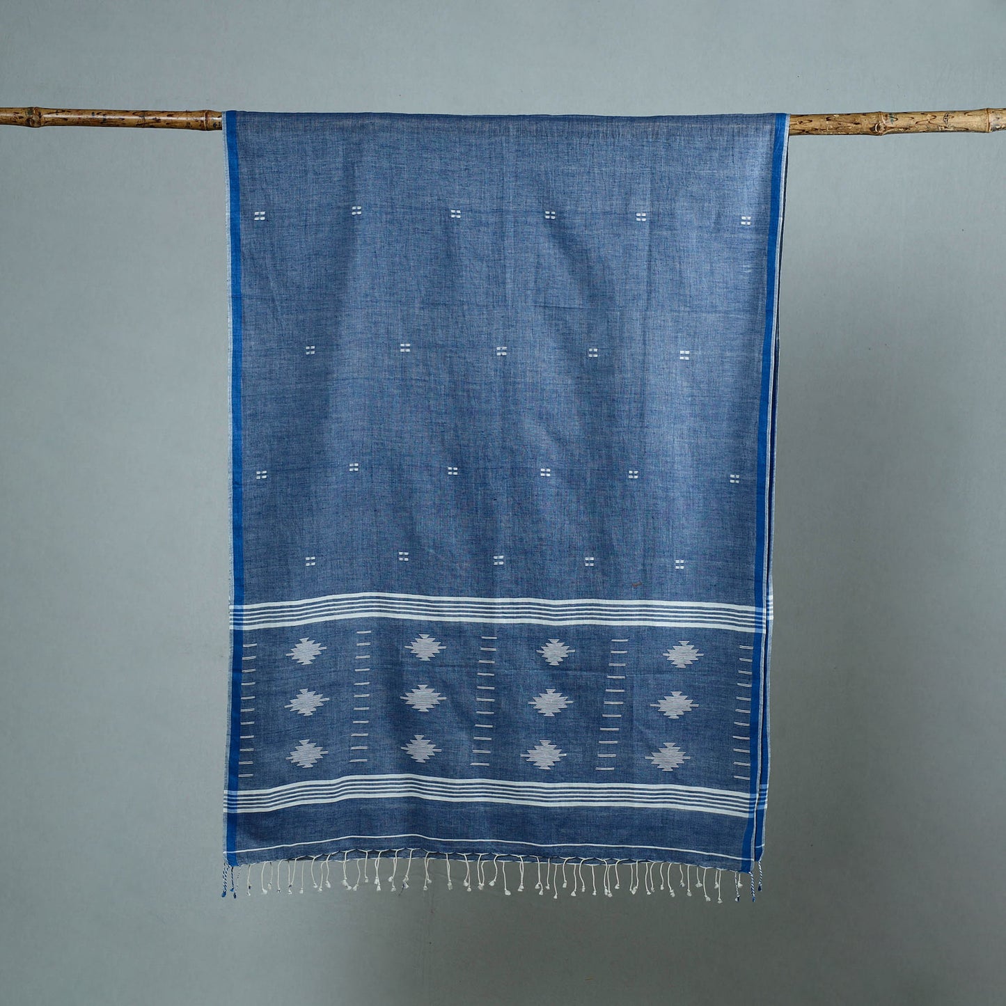 Blue - Burdwan Jamdani Cotton Handloom Stole with Tassels 23