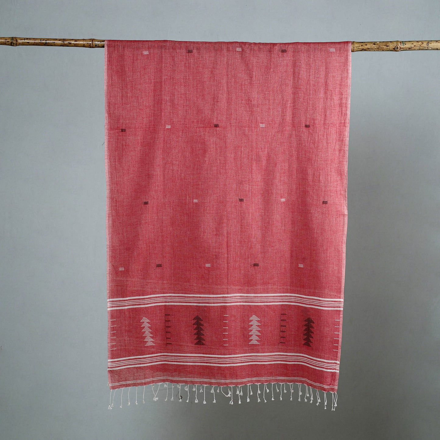 Pink - Burdwan Jamdani Cotton Handloom Stole with Tassels 16