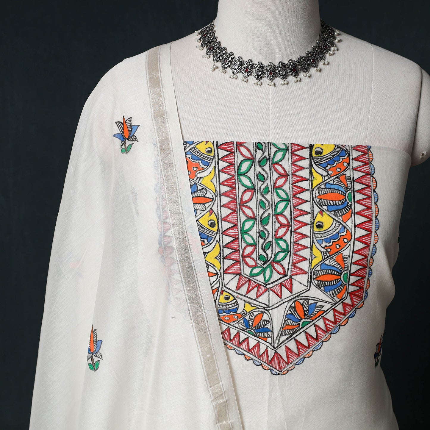 Madhubani Handpainted Chanderi Silk 2pc Unstitched Dress Material Kurta Set 19
