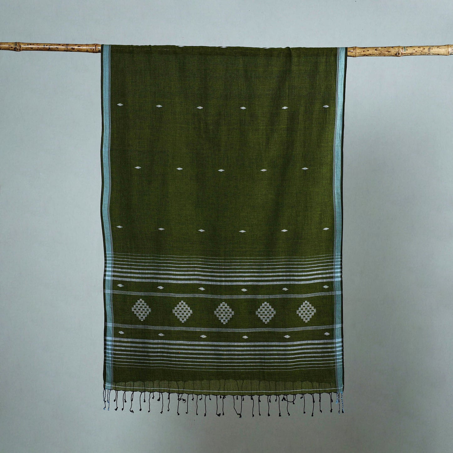 Green - Burdwan Jamdani Cotton Handloom Stole with Tassels 13