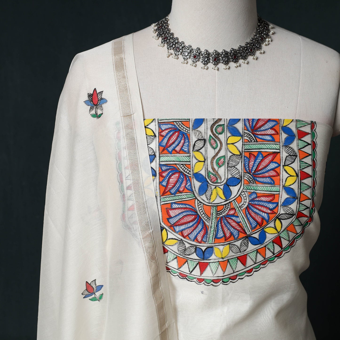 Madhubani Handpainted Chanderi Silk 2pc Unstitched Dress Material Kurta Set 20