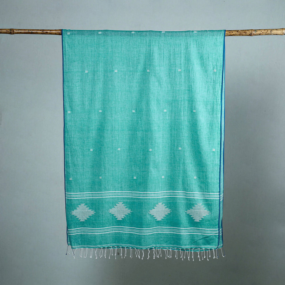 Green - Burdwan Jamdani Cotton Handloom Stole with Tassels 07