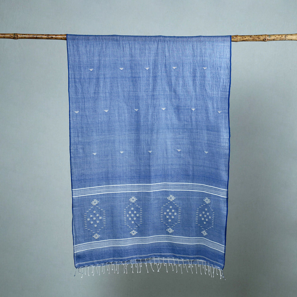 Blue - Burdwan Jamdani Cotton Handloom Stole with Tassels 05