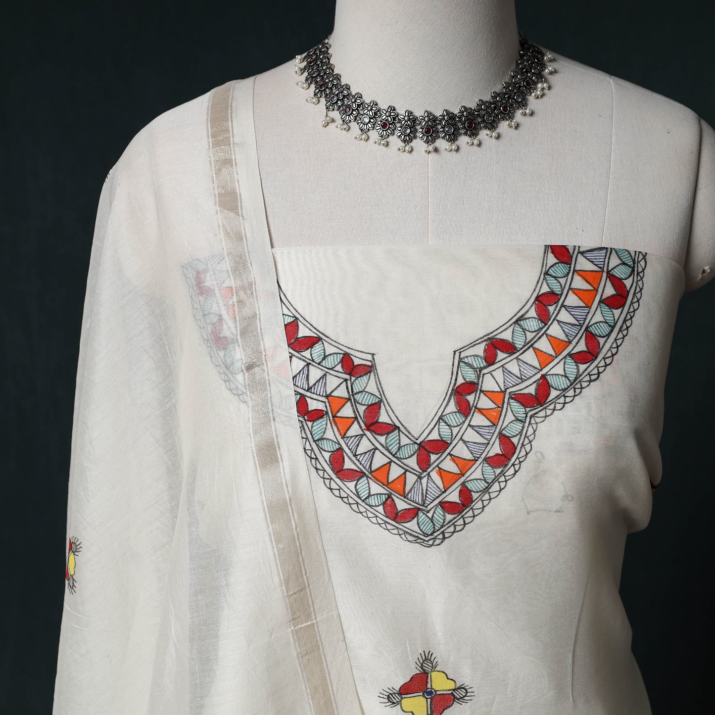 Madhubani Handpainted Chanderi Silk 2pc Unstitched Dress Material Kurta Set 21