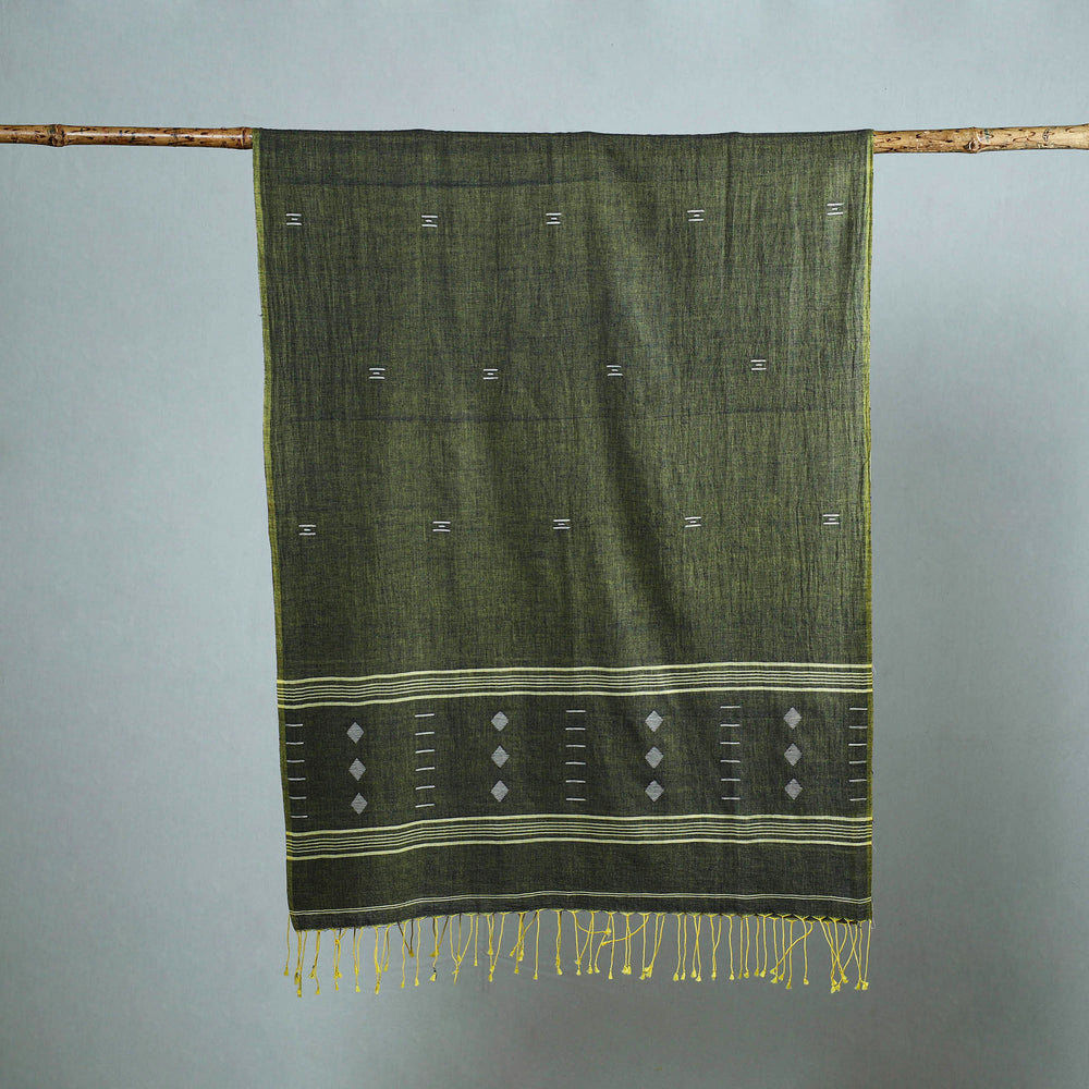 Green - Burdwan Jamdani Cotton Handloom Stole with Tassels 04