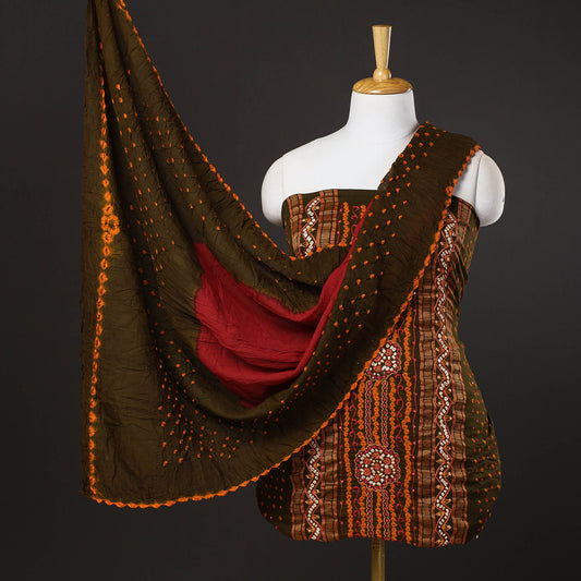 Green - 3pc Kutch Bandhani Tie-Dye Sequin Work Satin Cotton Suit Material Set