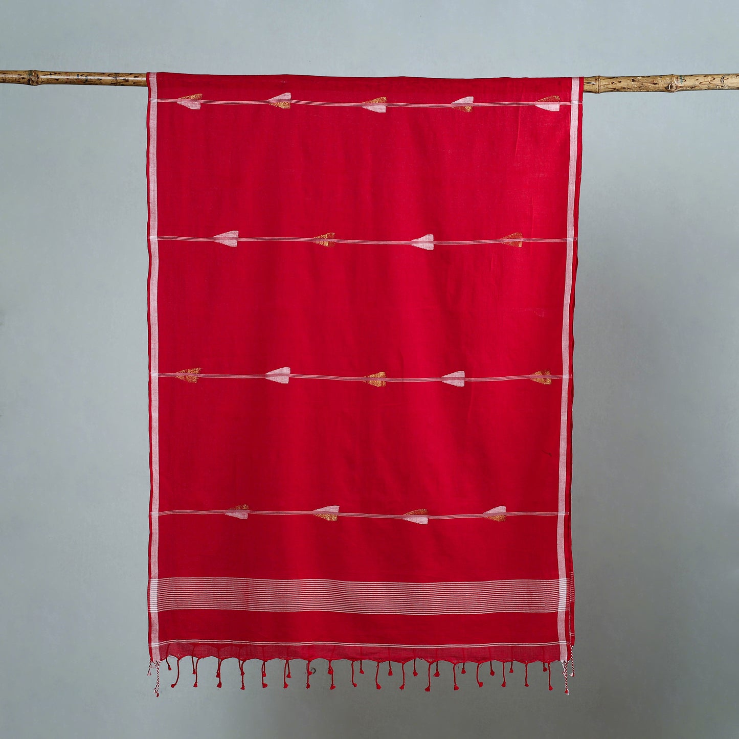 Red - Burdwan Jamdani Cotton Handloom Stole with Tassels 01