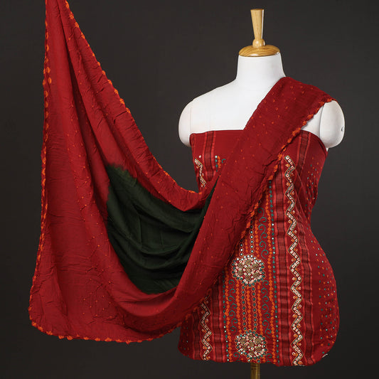 Red - 3pc Kutch Bandhani Tie-Dye Sequin Work Satin Cotton Suit Material Set