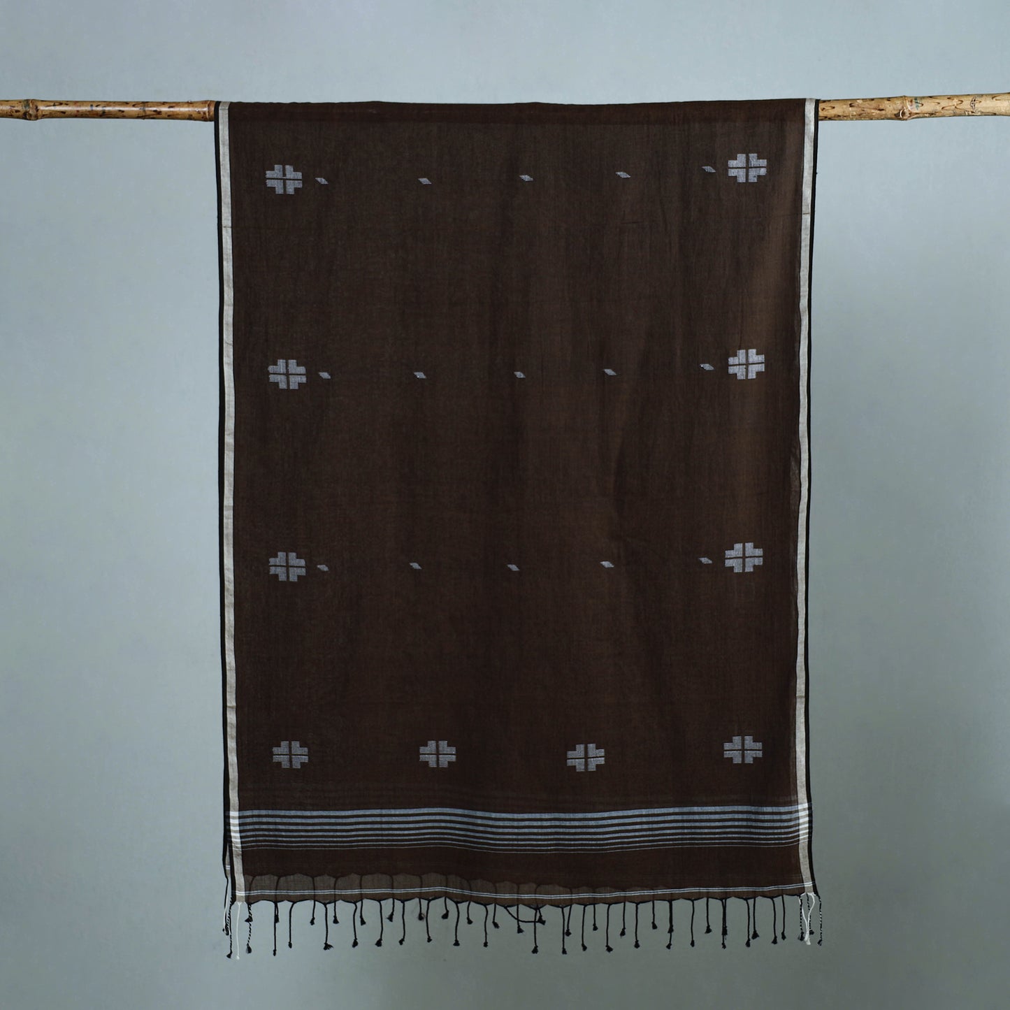 Brown - Burdwan Jamdani Cotton Handloom Stole with Tassels 02