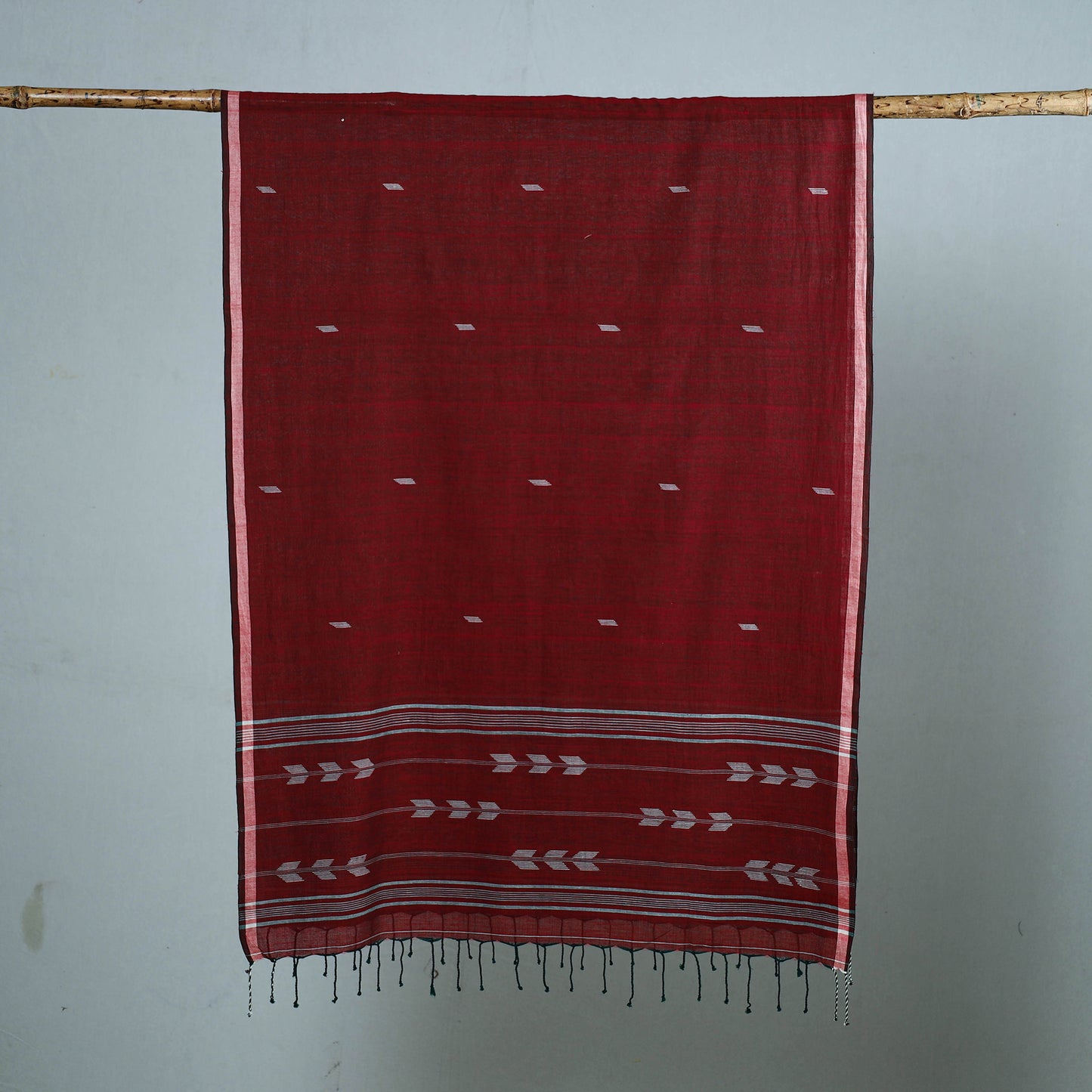 Maroon - Burdwan Jamdani Cotton Handloom Stole with Tassels 04