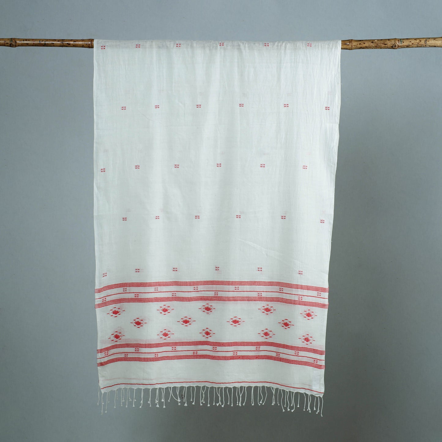 White - Burdwan Jamdani Cotton Handloom Stole with Tassels 05