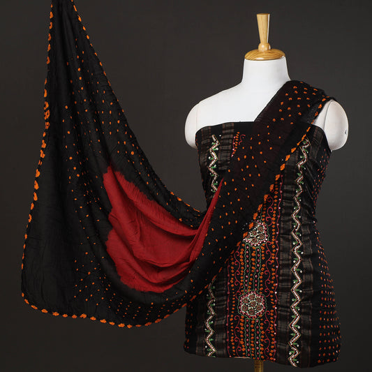 Black - 3pc Kutch Bandhani Tie-Dye Sequin Work Satin Cotton Suit Material Set