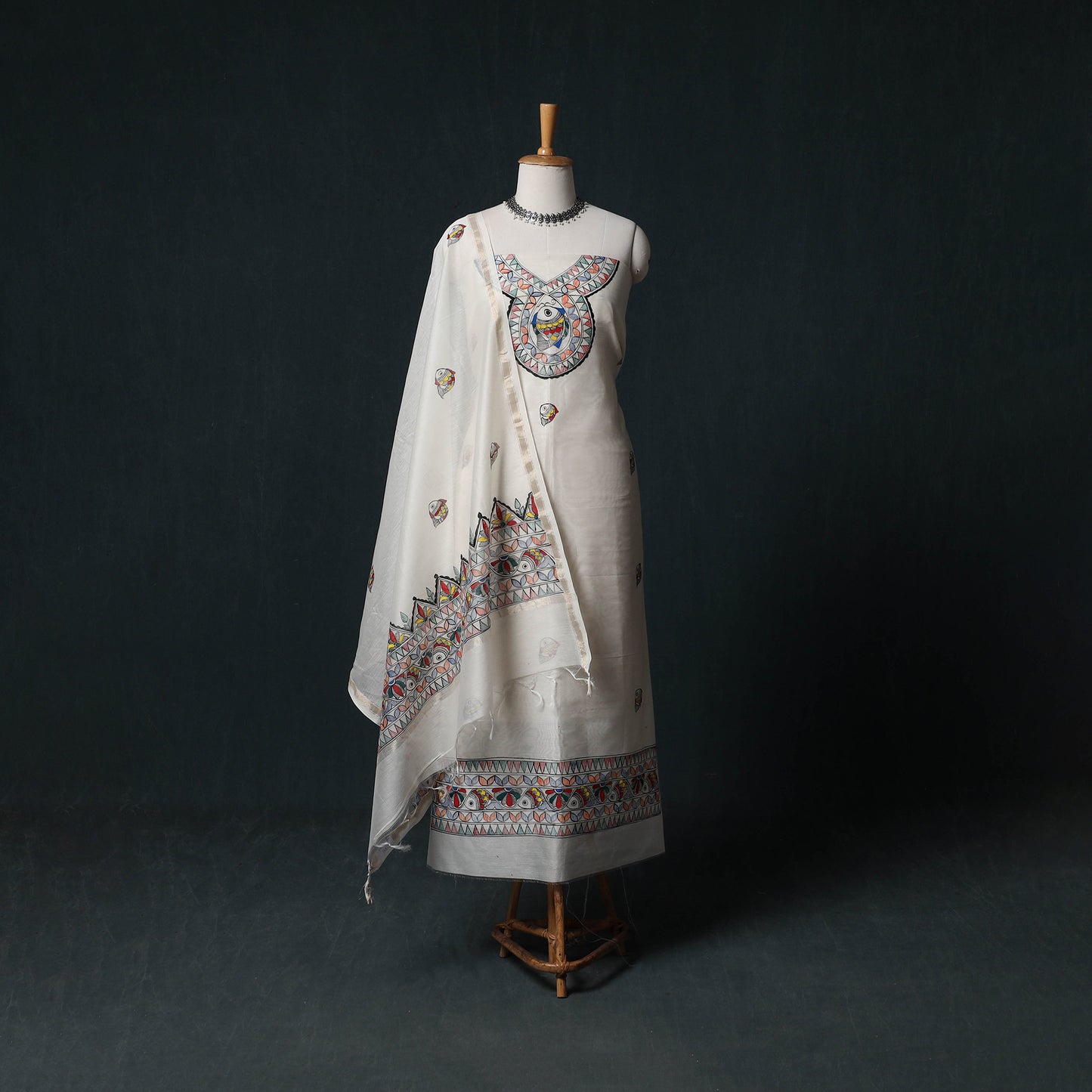 Madhubani Handpainted Chanderi Silk 2pc Unstitched Dress Material Kurta Set 23