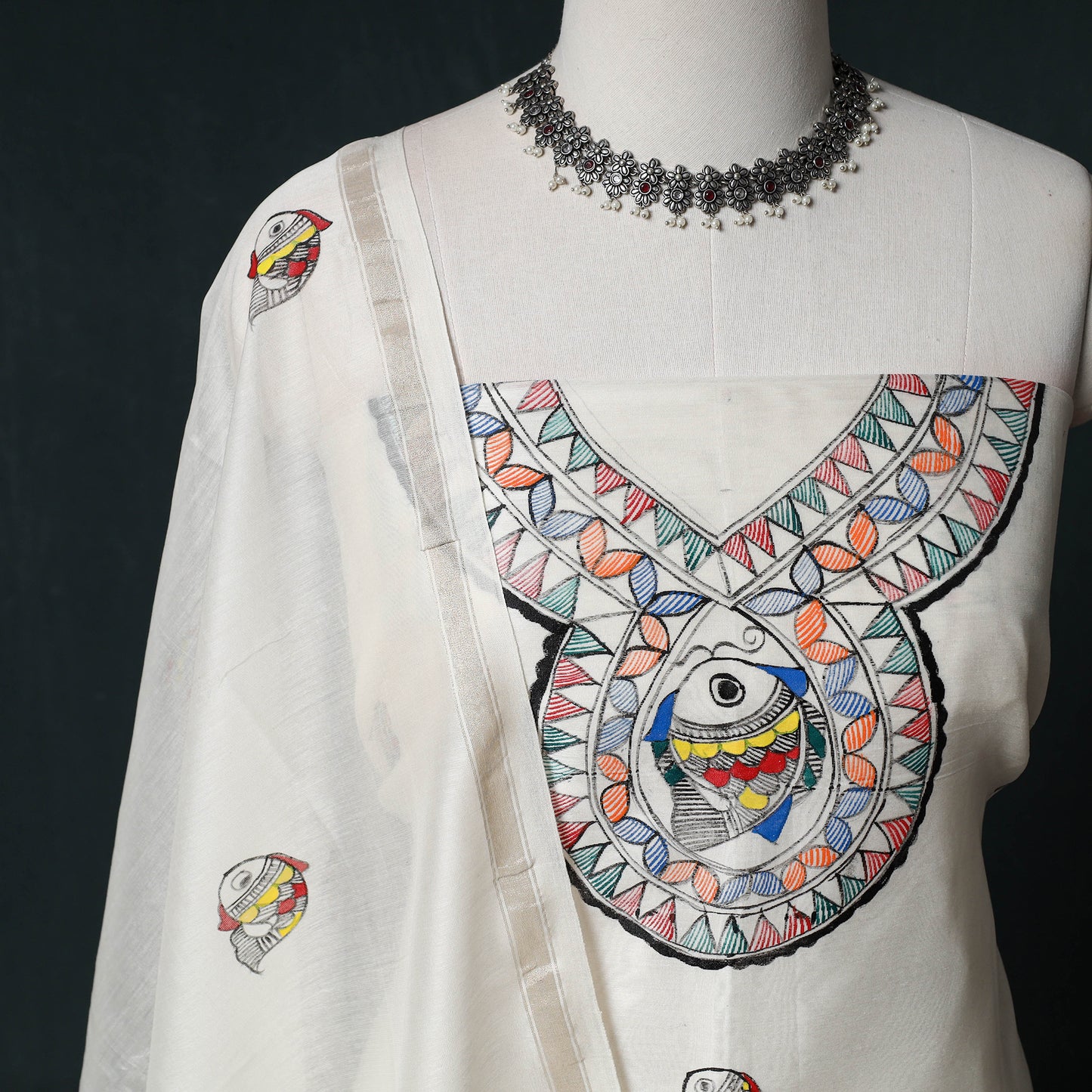 Madhubani Handpainted Chanderi Silk 2pc Unstitched Dress Material Kurta Set 23