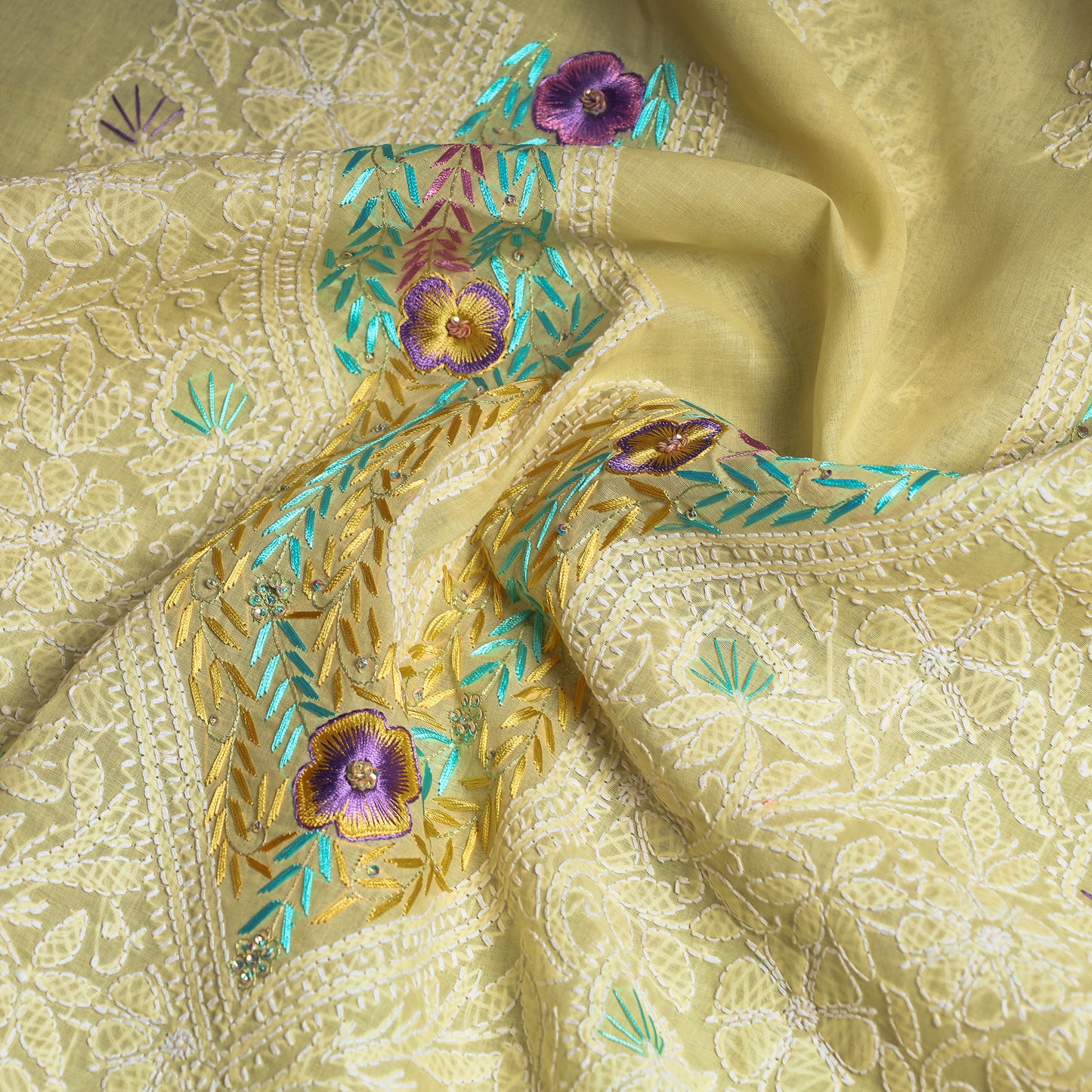 Yellow - Lucknow Chikankari with Parsi Style Embroidered Cotton Kurta Material - 2.9 Meter
