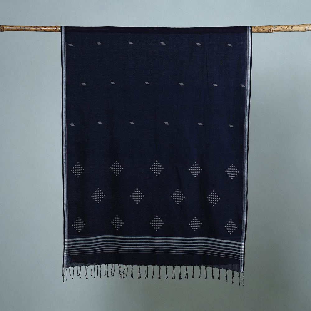 Blue - Burdwan Jamdani Cotton Handloom Stole with Tassels 13