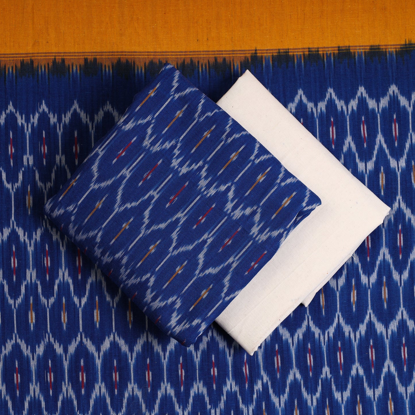 Blue - 3pc Pochampally Ikat Weave Handloom Cotton Suit Material Set 09
