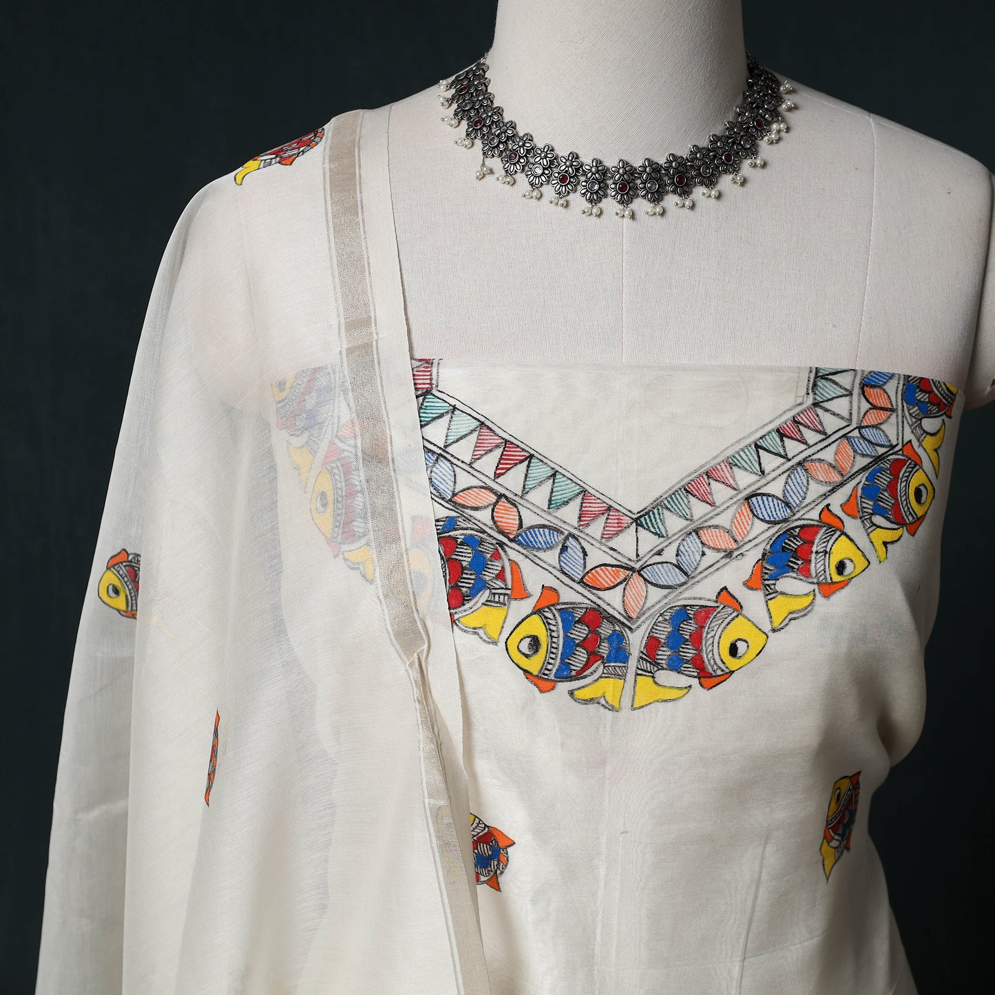 Madhubani Handpainted Chanderi Silk 2pc Unstitched Dress Material Kurta Set 24