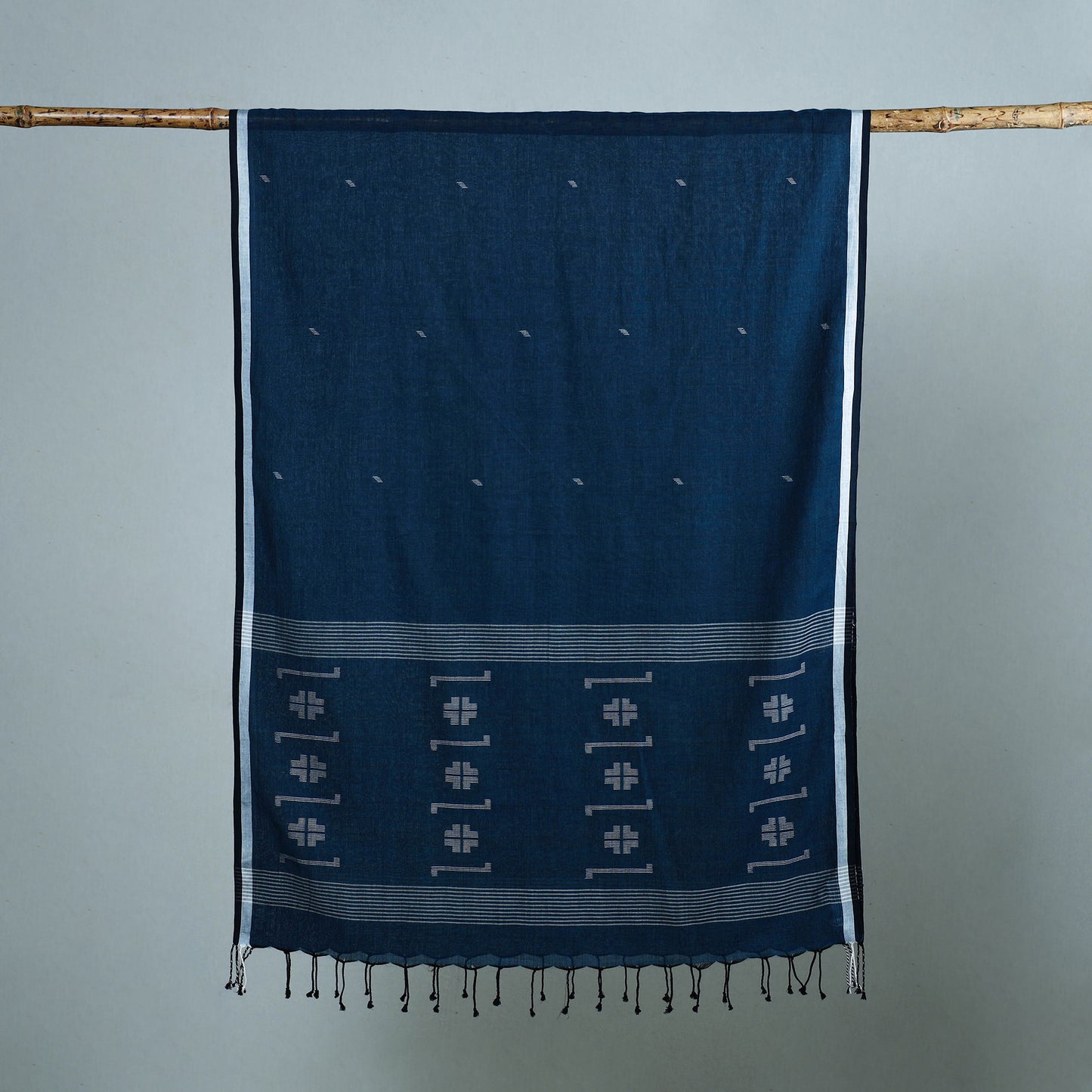 Blue - Burdwan Jamdani Cotton Handloom Stole with Tassels 15