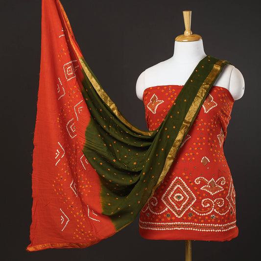 Orange - 3pc Kutch Bandhani Tie-Dye Sequin Work Satin Cotton Suit Material Set