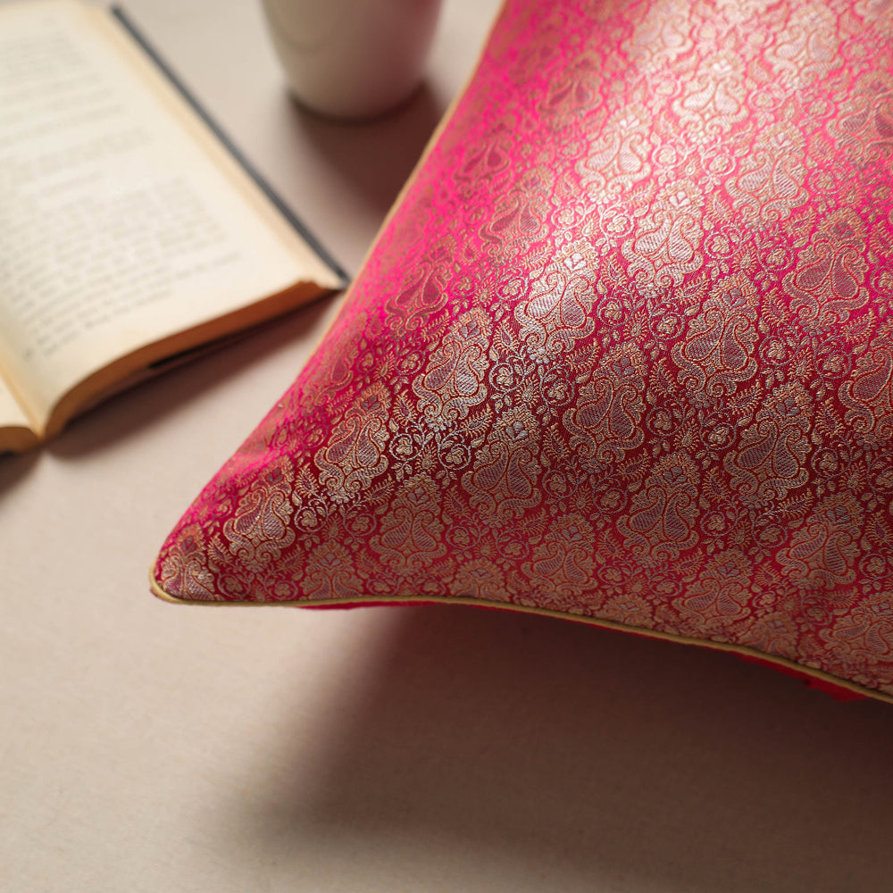 Pink - Silk Banarasi Cushion Cover with Zari Work 17