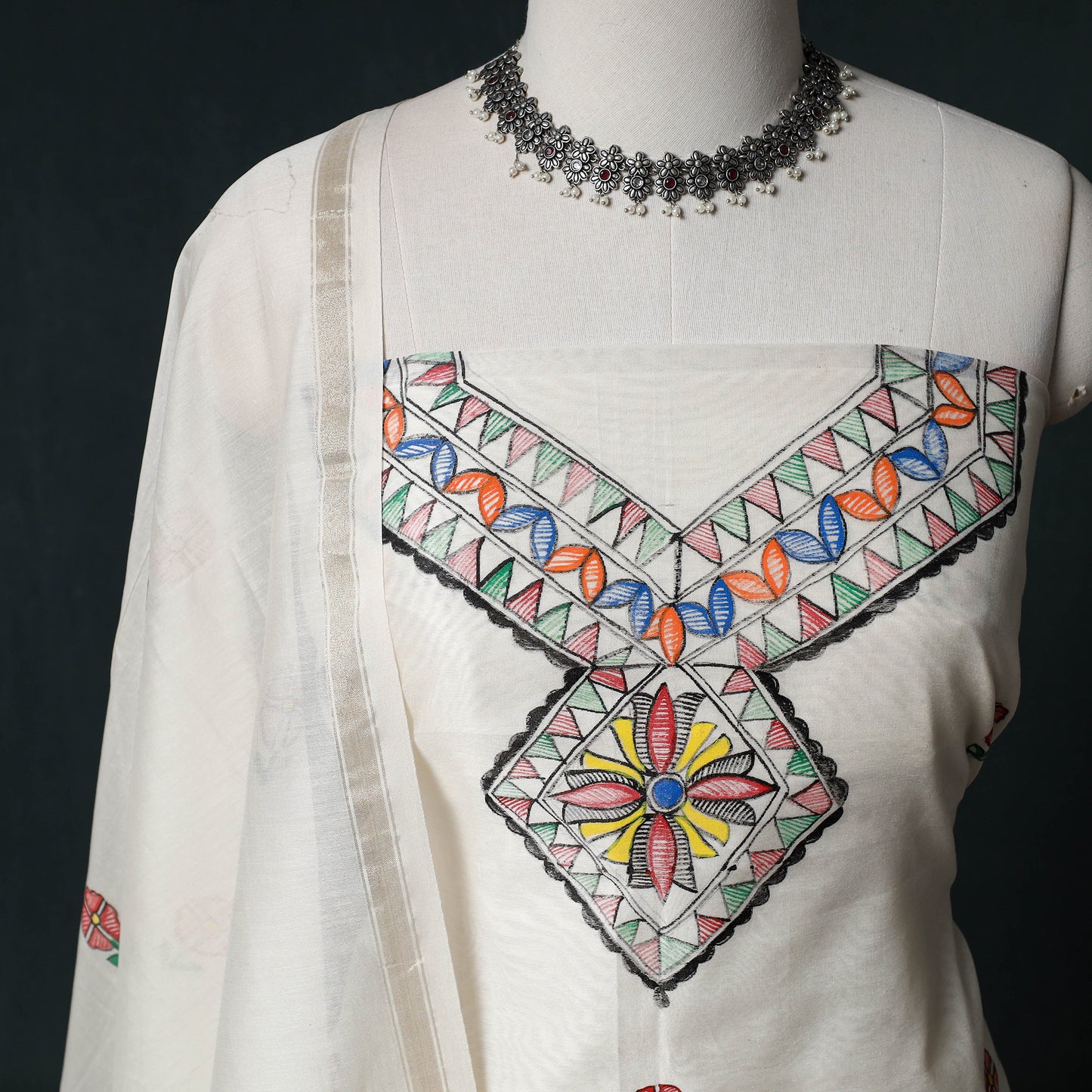 Madhubani Handpainted Chanderi Silk 2pc Unstitched Dress Material Kurta Set 25