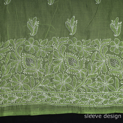 Green - Lucknow Chikankari with Parsi Style Embroidered Cotton Kurta Material - 2.95 Meter