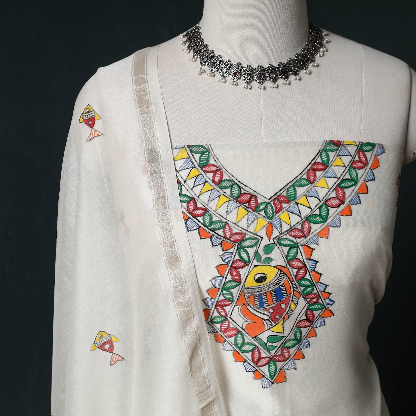 Madhubani Handpainted Chanderi Silk 2pc Unstitched Dress Material Kurta Set 26