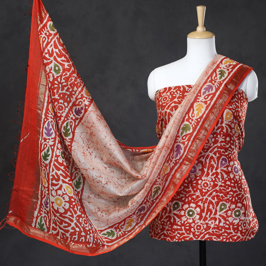 Orange - 2pc Hand Batik Printed Maheshwari Silk Handloom Suit Material Set