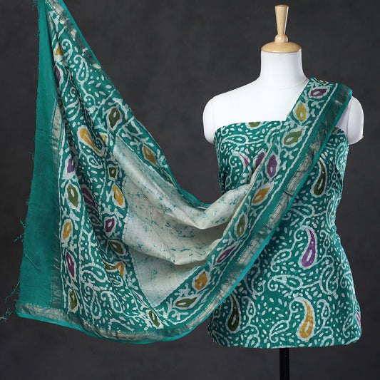 Green - 2pc Hand Batik Printed Maheshwari Silk Handloom Suit Material Set