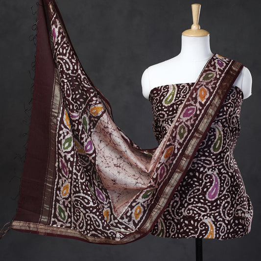 Brown - 2pc Hand Batik Printed Maheshwari Silk Handloom Suit Material Set