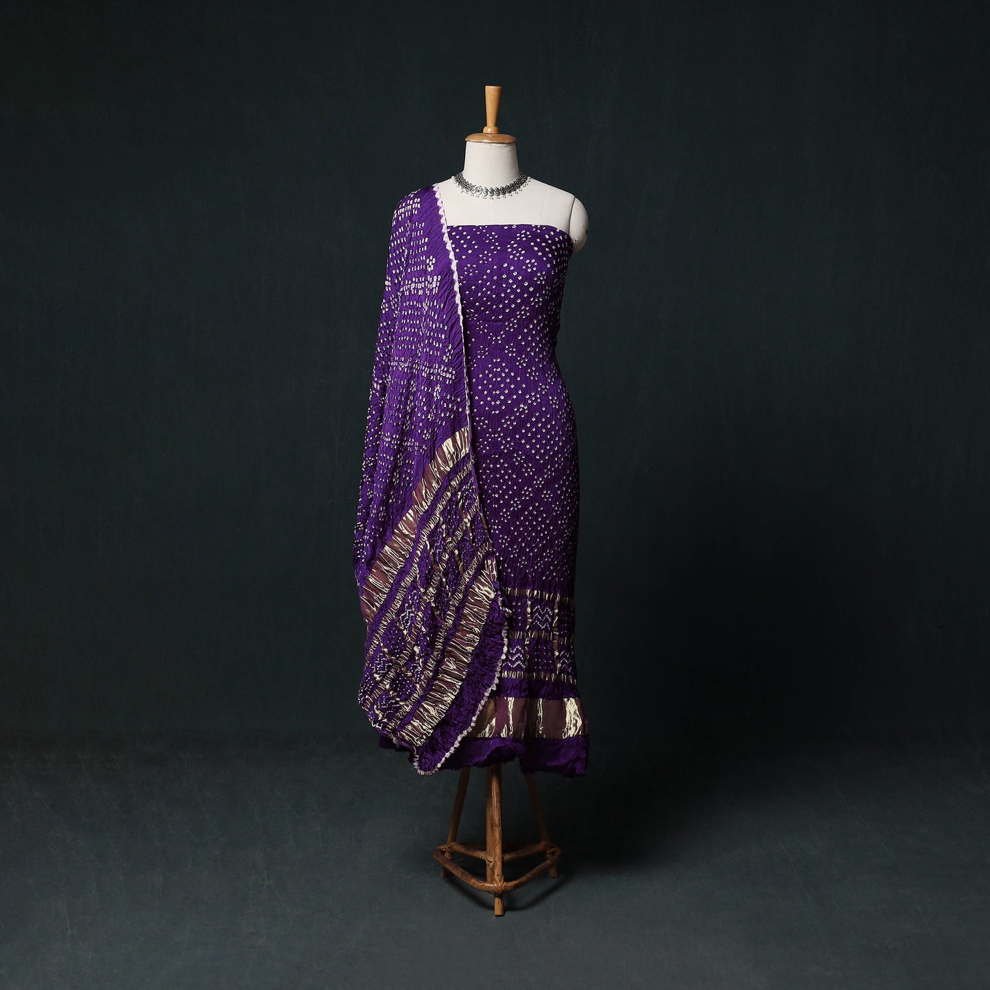 Kutch Bandhani Tie-Dye Modal Silk 3pc Unstitched Dress Material Suit Set 02