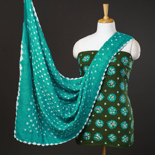 Green - 3pc Kutch Bandhani Tie-Dye Cotton Suit Material Set