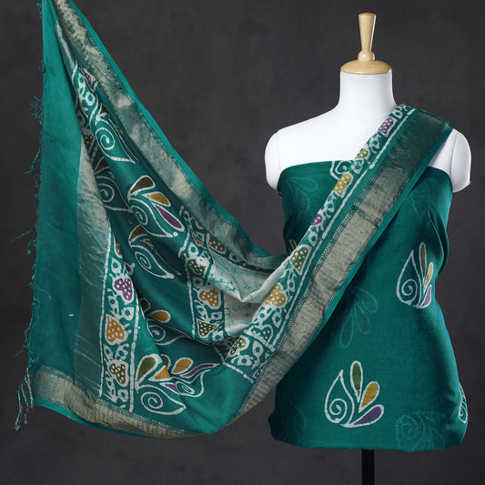 Green - 2pc Hand Batik Printed Maheshwari Silk Handloom Suit Material Set