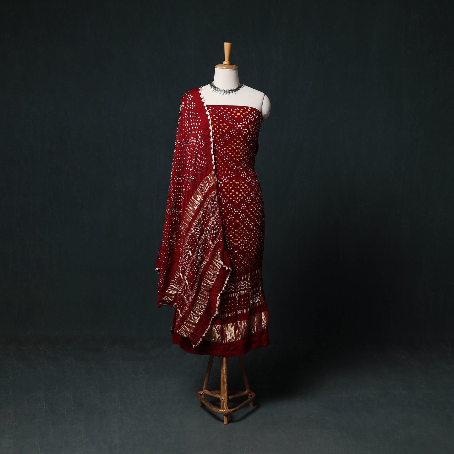 Kutch Bandhani Tie-Dye Modal Silk 3pc Unstitched Dress Material Suit Set 06