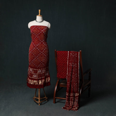 Maroon - Kutch Bandhani Tie-Dye Modal Silk 3pc Unstitched Dress Material Suit Set 06