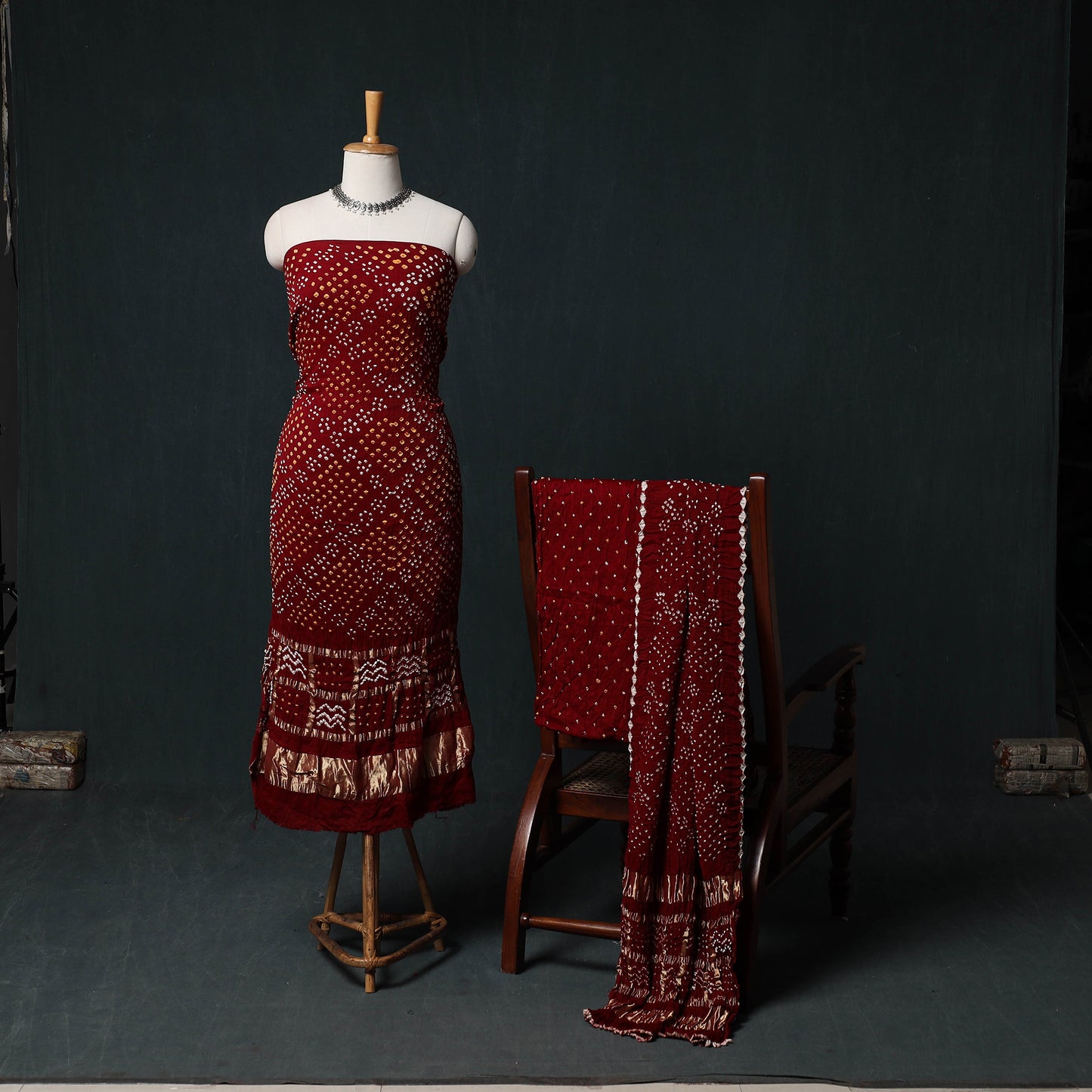 Kutch Bandhani Tie-Dye Modal Silk 3pc Unstitched Dress Material Suit Set 06