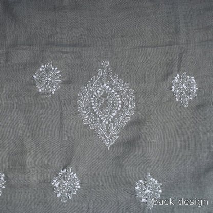 Grey - Lucknow Chikankari with Parsi Style Embroidered Cotton Kurta Material - 2.9 Meter